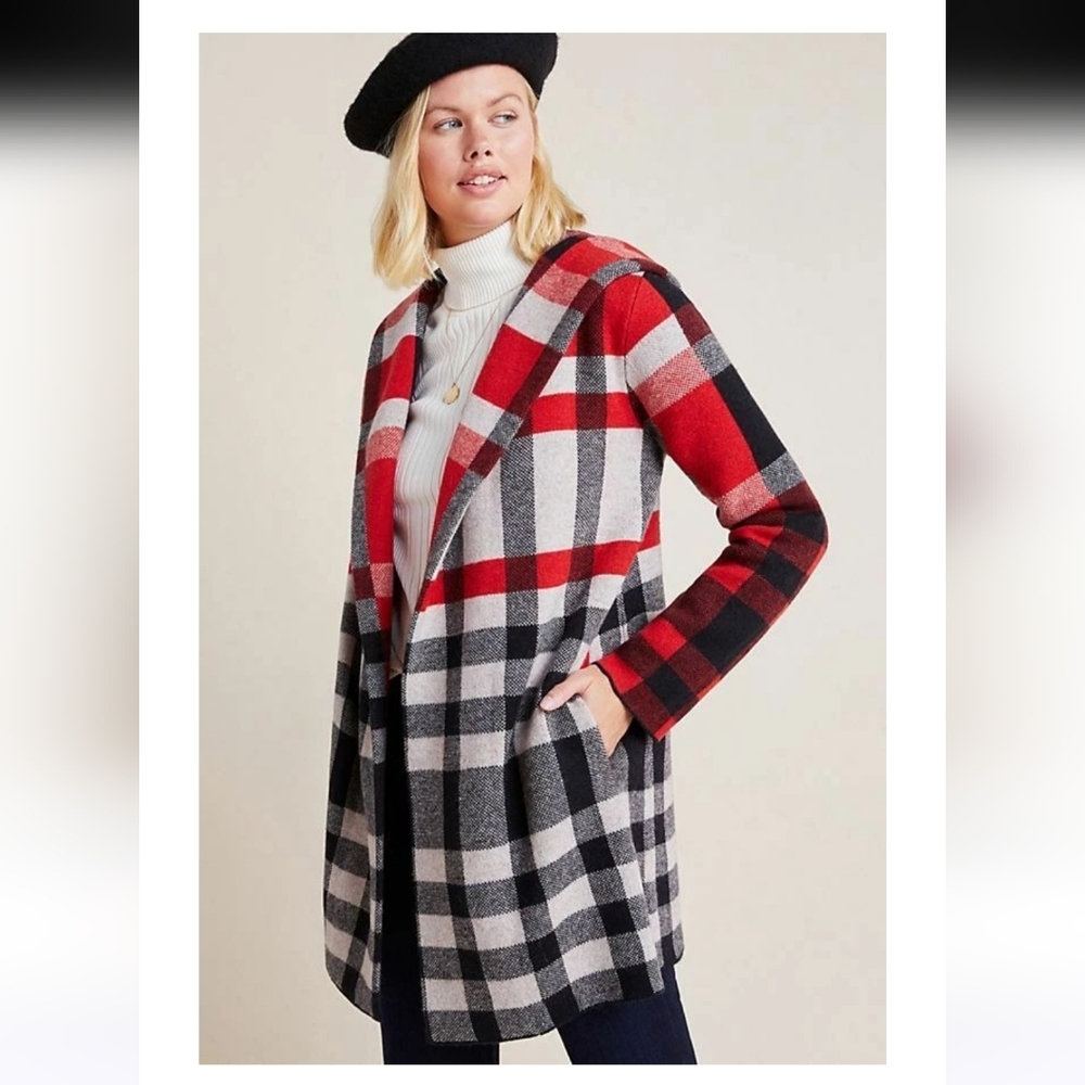 Anthro Plaid Hooded Women's Wool Coat Size Small Fielel Flower